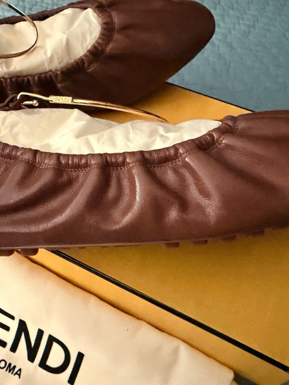 NWT Fendi Brown Leather Elastic-Top Ballet Flats - Picture 3 of 12